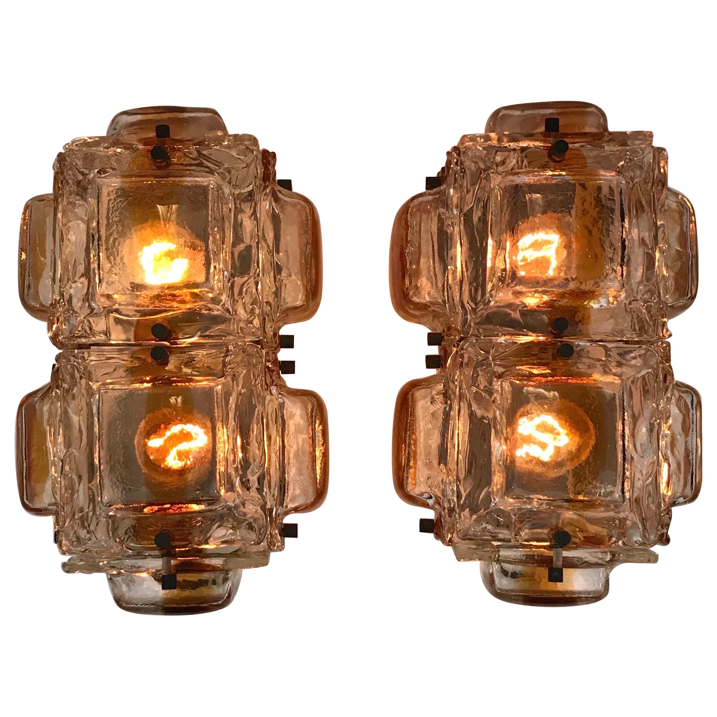 Large Pair of Mazzega Amber and Clear Glass Sconces For Sale