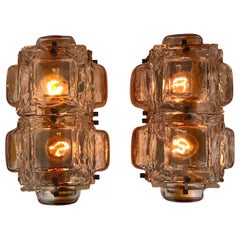 Large Pair of Mazzega Amber and Clear Glass Sconces