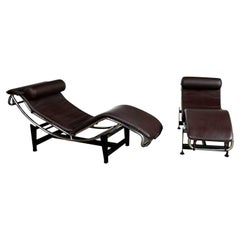 Vintage Pair Chaise Lounge Chairs Brown Leather & Chrome Style Le Corbusier LC4