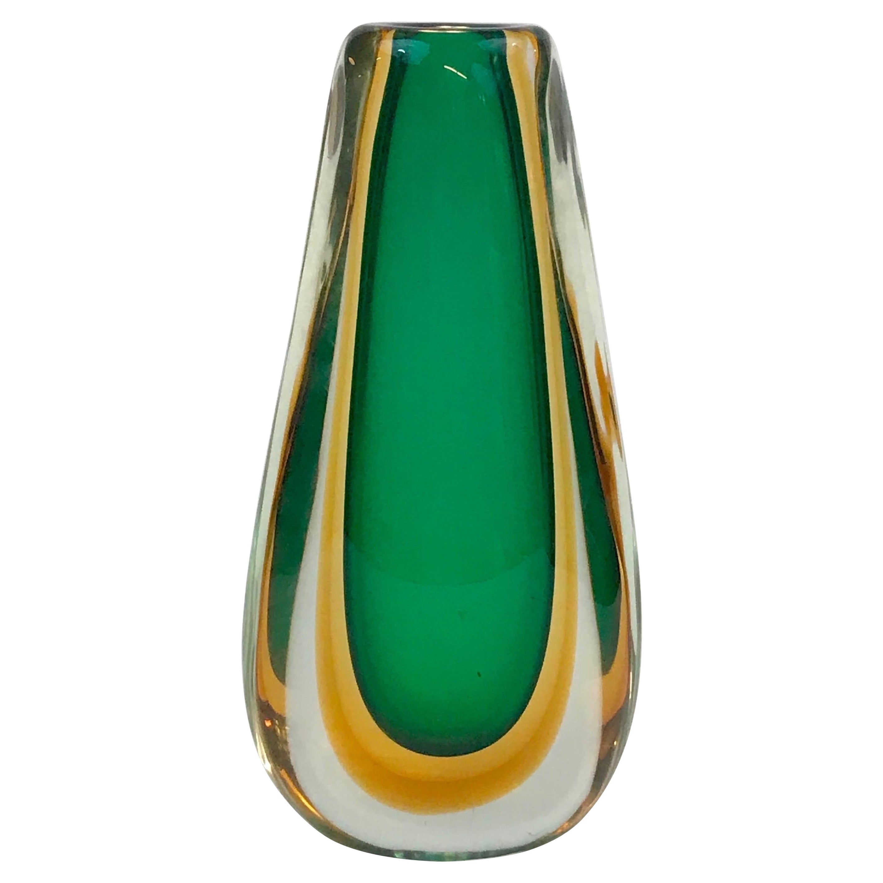 Tall Flavio Poli Sommerso Technique Vase in Clear, Amber and Green Glass For Sale