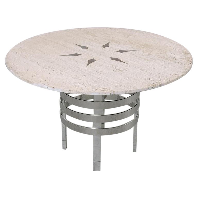 Restored 1970 Mid Century Travertine Marble & Chrome Steel Circular Dining Table For Sale