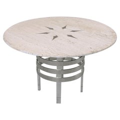 Restored 1970 Mid Century Travertine Marble & Chrome Steel Circular Dining Table