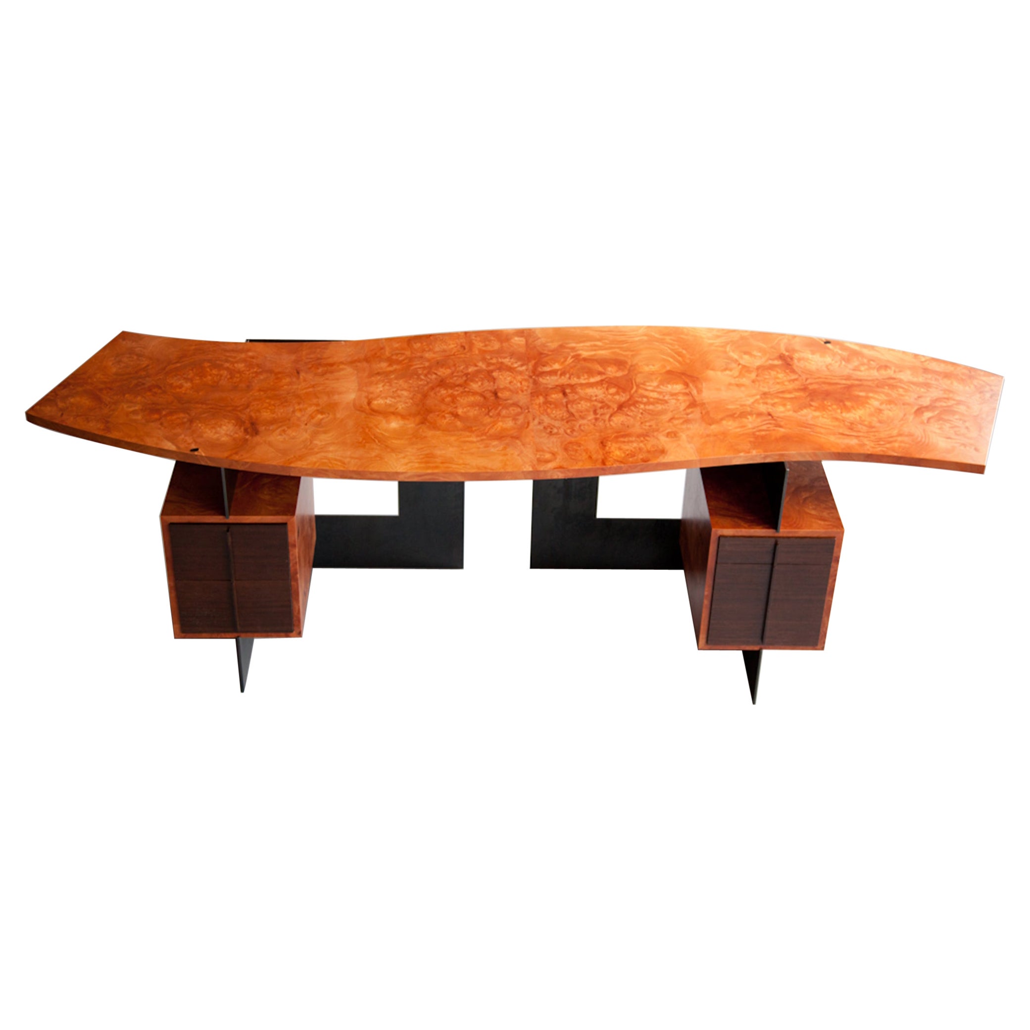 Cinnamon desk in wood veneer burl and blackened steel by Adam Bentz