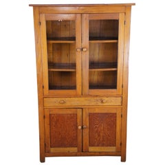 Antique Primitive Farmhouse American Pine China Display Cabinet Country Cupboard