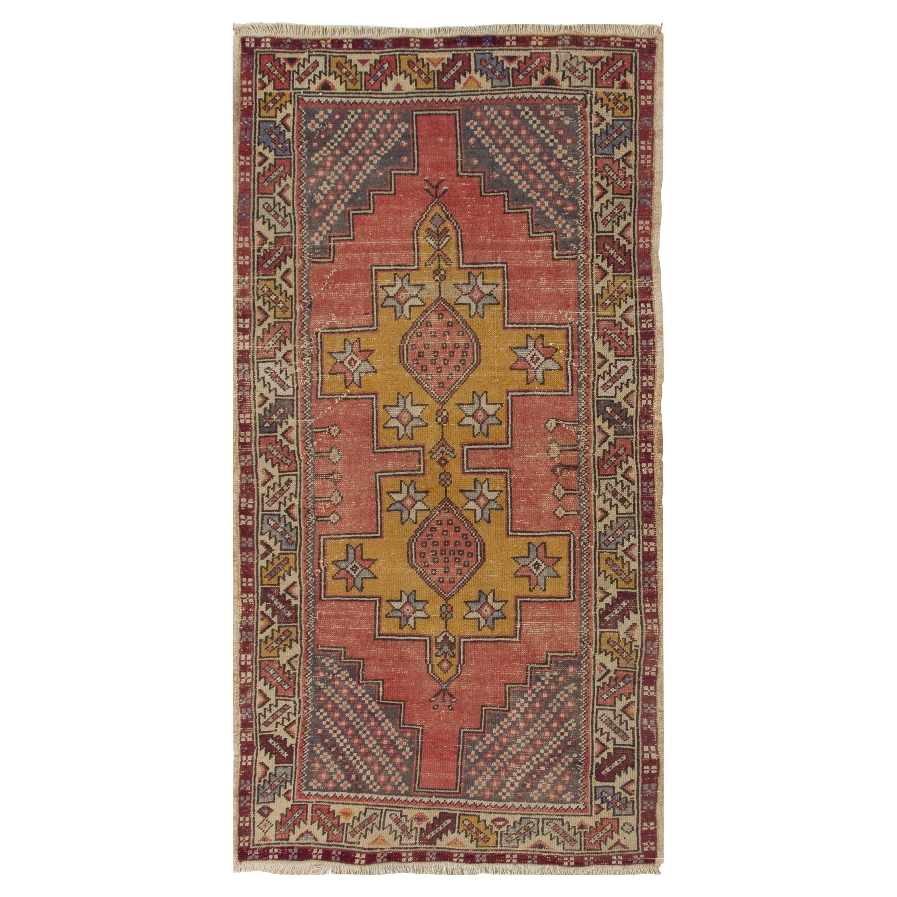 4x7.4 Ft Vintage Hand-Made Anatolian Accent Rug with Wool Pile in Soft Red For Sale