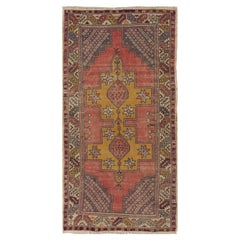 4x7.4 Ft Vintage Hand-Made Anatolian Accent Rug with Wool Pile in Soft Red