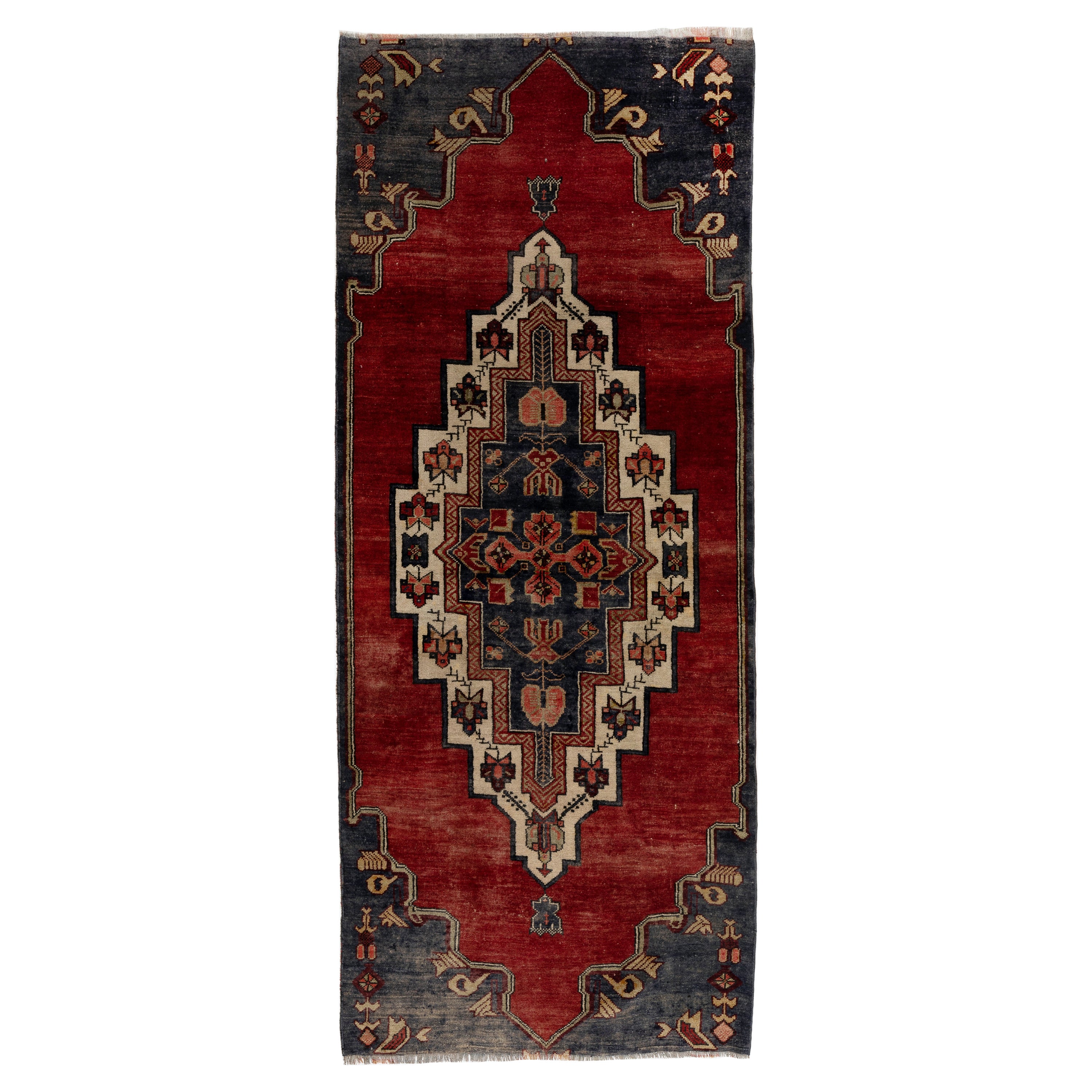 3.8x9 Ft Vintage Hand-Knotted Turkish Rug in Red and Dark Navy Color, circa 1960 For Sale