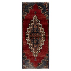 3.8x9 Ft Vintage Hand-Knotted Turkish Rug in Red and Dark Navy Color, circa 1960