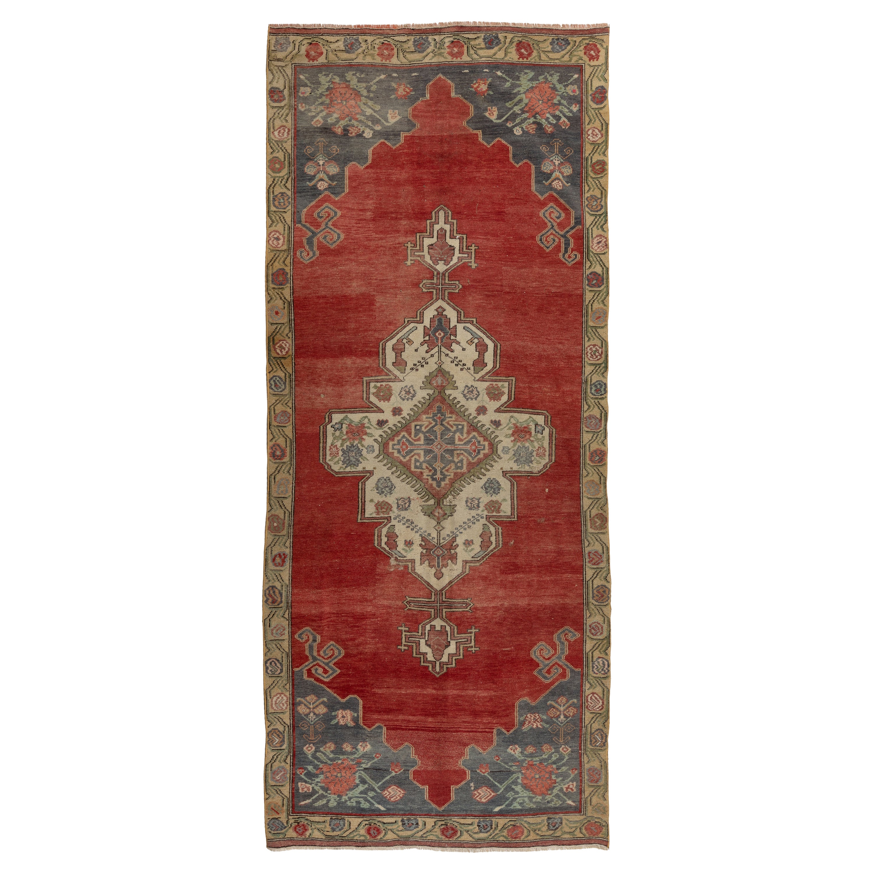 4.6x11 Ft Vintage Handmade Central Anatolian Rug, Traditional Wool Carpet in Red For Sale