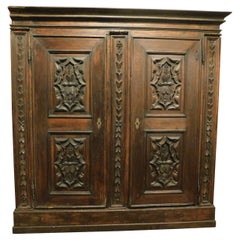 Antique Wall Cabinet, Richly Carved Walnut Placard, 16th Century, Italy