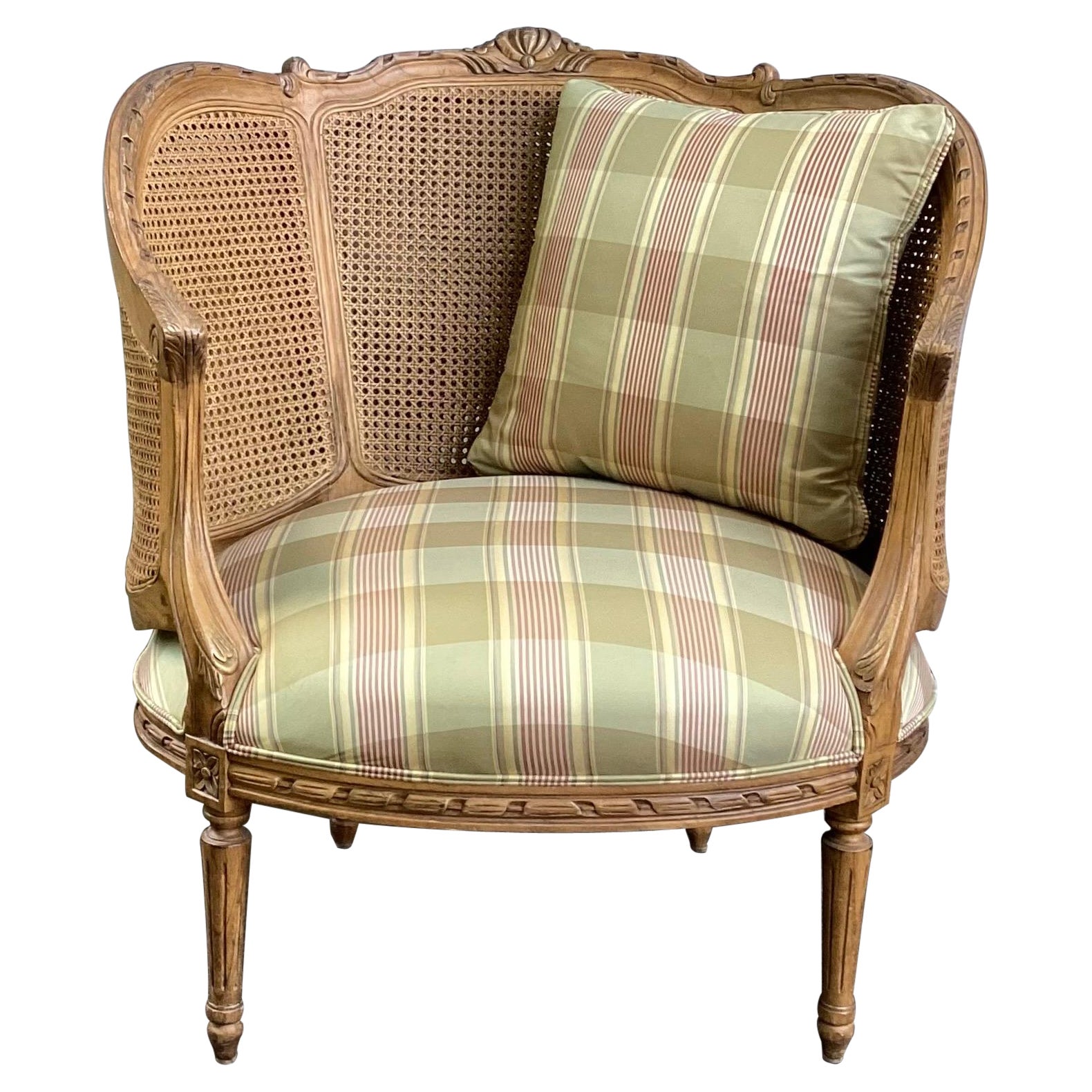 French Louis XVI Style Barrel Chair with Caning