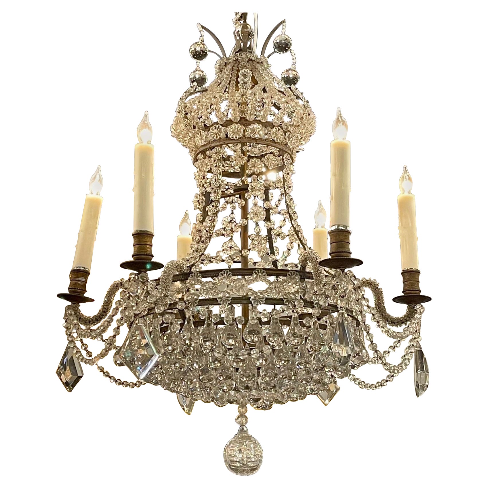 Vintage French Bagues Manner Bronze and Beaded 6 Light Chandelier For Sale