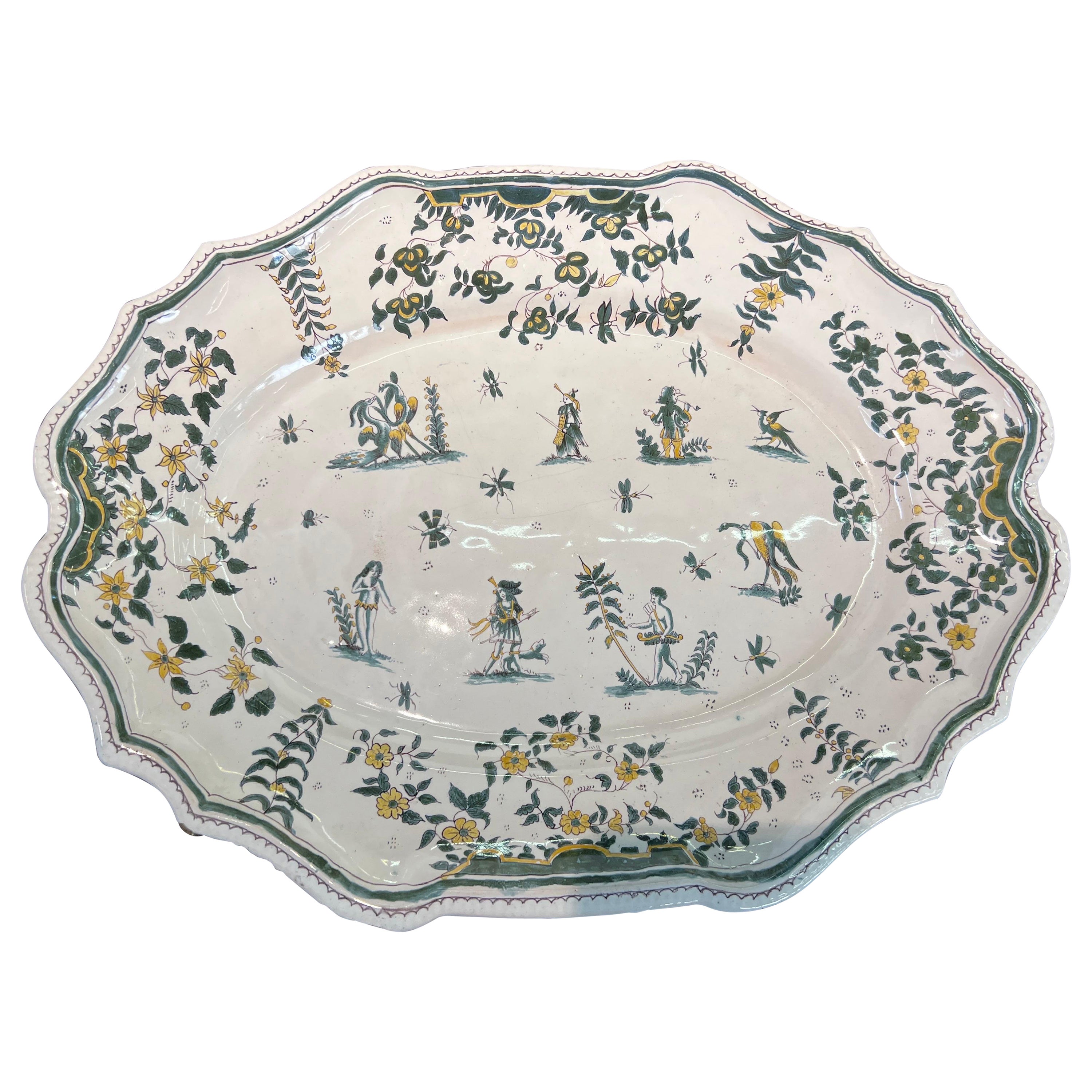 Great 18th Century Polychrome French Faience Platter For Sale