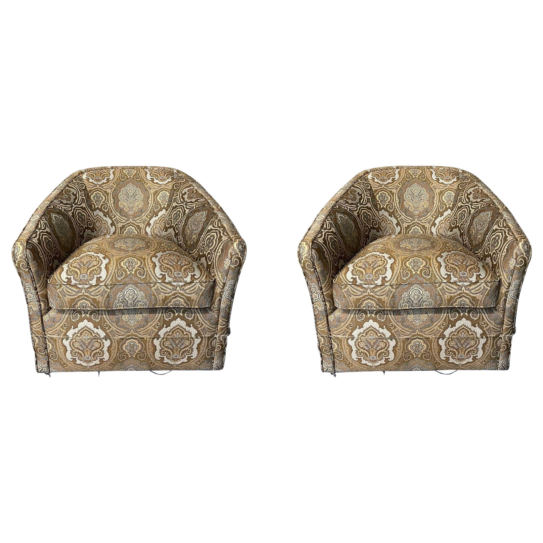 Pair of Vintage Modern Swivel Tub Chairs, Scalamandre Upholstered For Sale