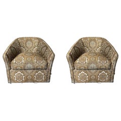 Pair of Vintage Modern Swivel Tub Chairs, Scalamandre Upholstered
