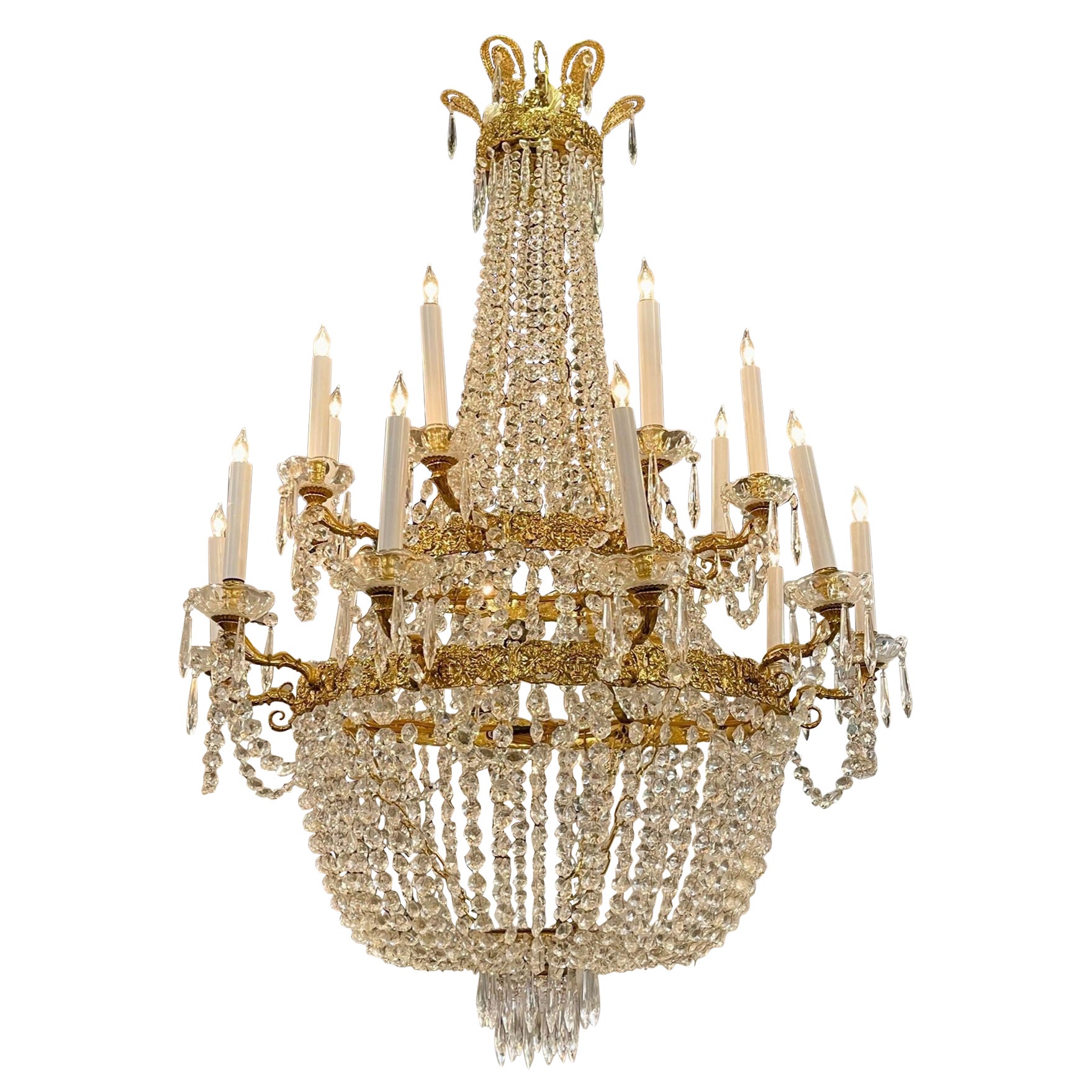 French Empire Style Gilt Brass and Crystal Basket Chandelier with 18 Lights