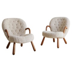 Pair of Vintage Clam Chairs in Shearling by Philip Arctander, Denmark 1944