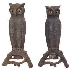 Antique 19th Century Salvaged Caste Iron Owl Andirons with Glass Eyes Wall Hangings