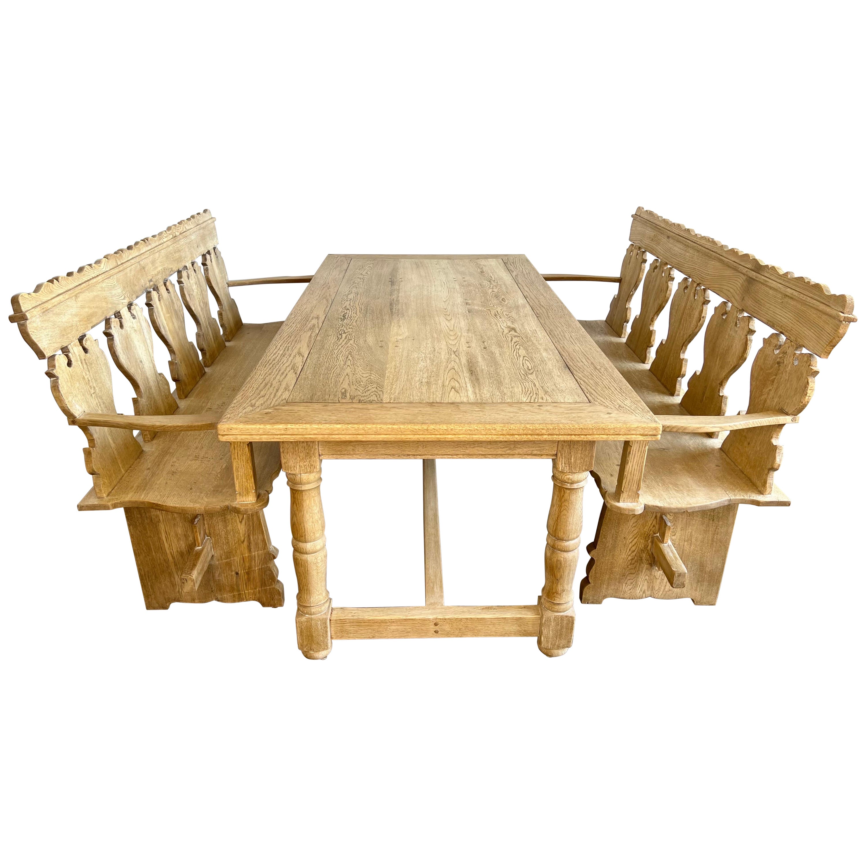 Spanish Dining Table W/ Coordinating Carved Benches C. 1930's For Sale