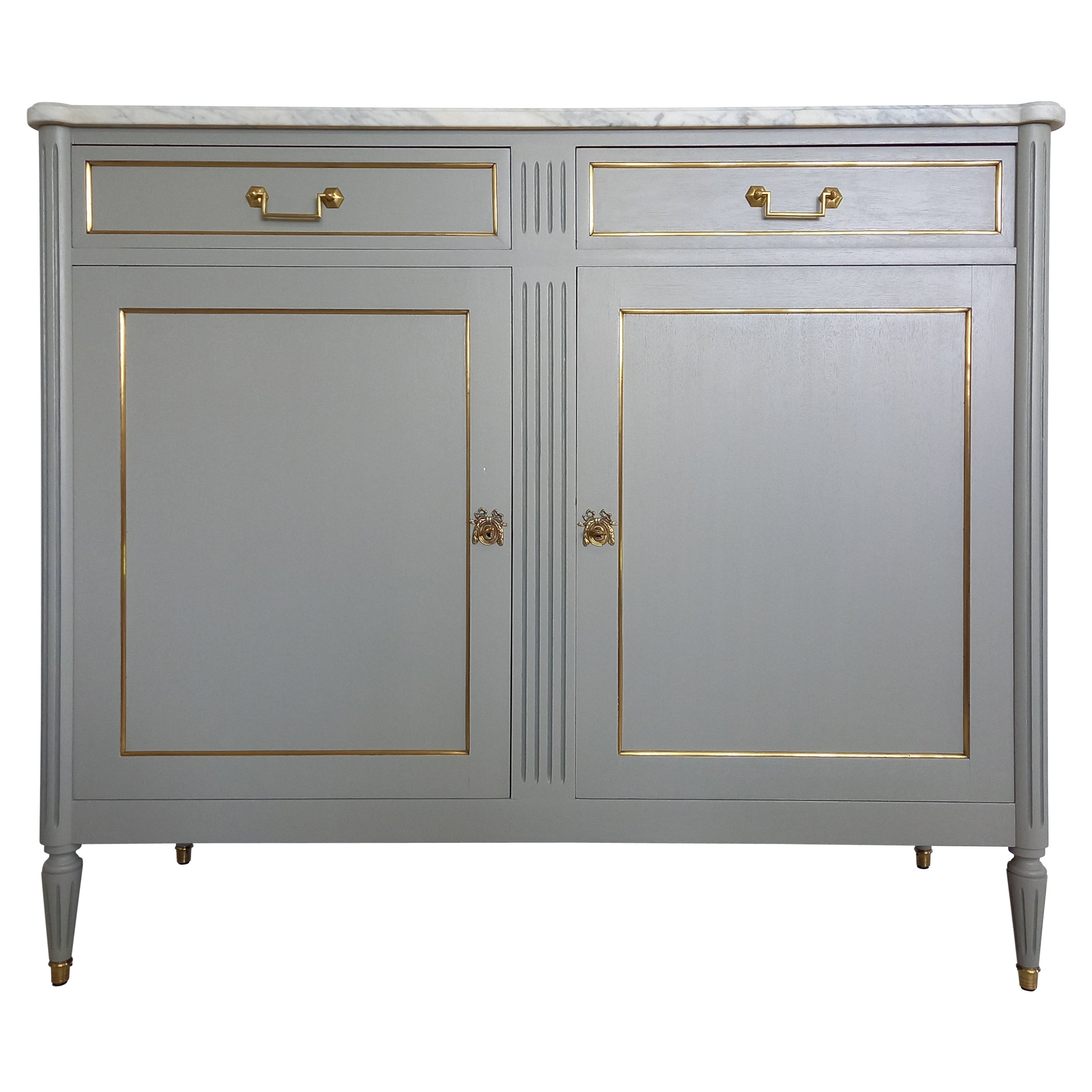 Antique French Louis XVI Buffet, Carrara Marble, Bronze & Brass