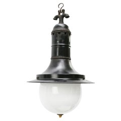 German Black Enamel Vintage Industrial Opaline Glass 1920s Pendant Light
