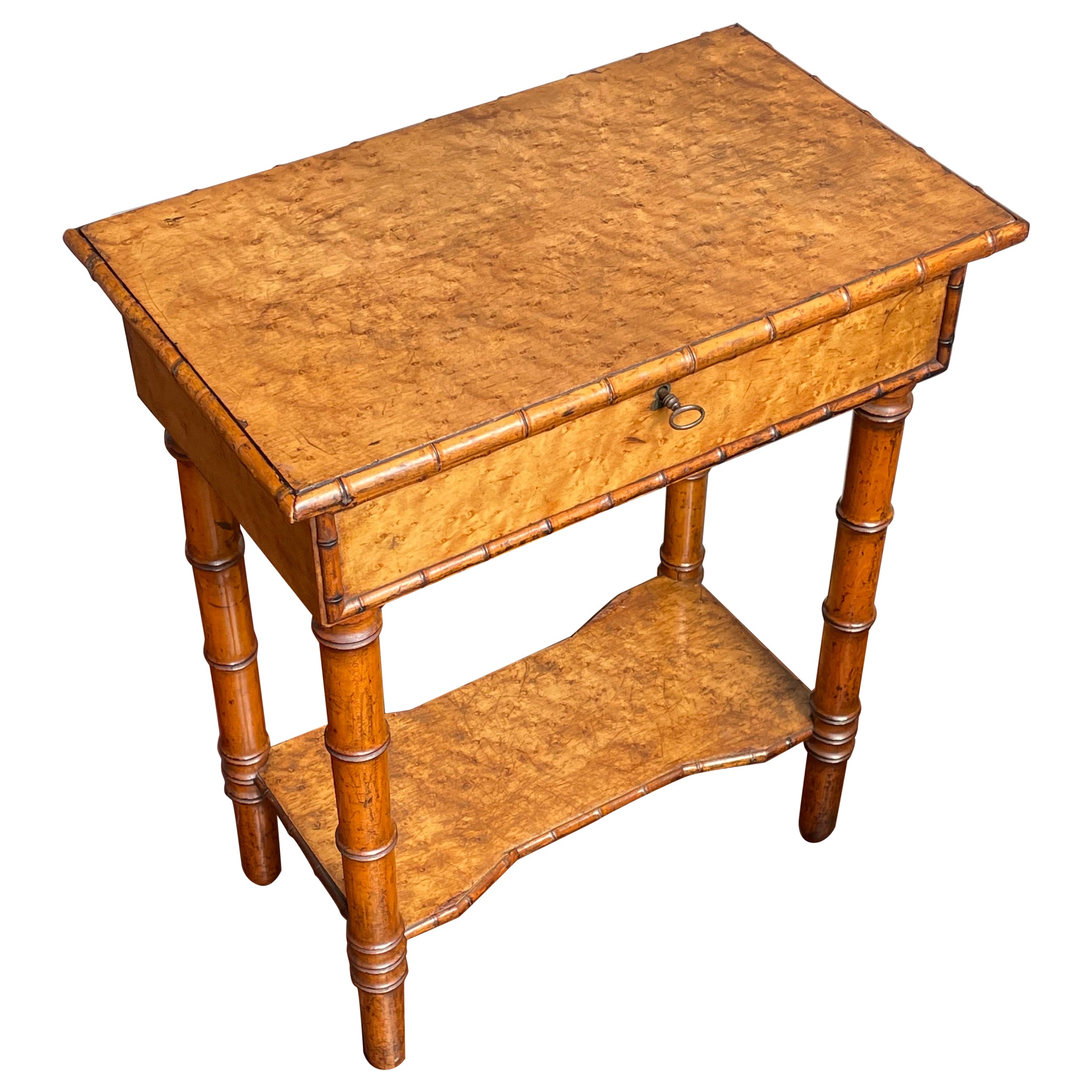 Antique 19th Century Faux Bamboo & Bird's Eye Maple Seamstress or Jewelry Table For Sale