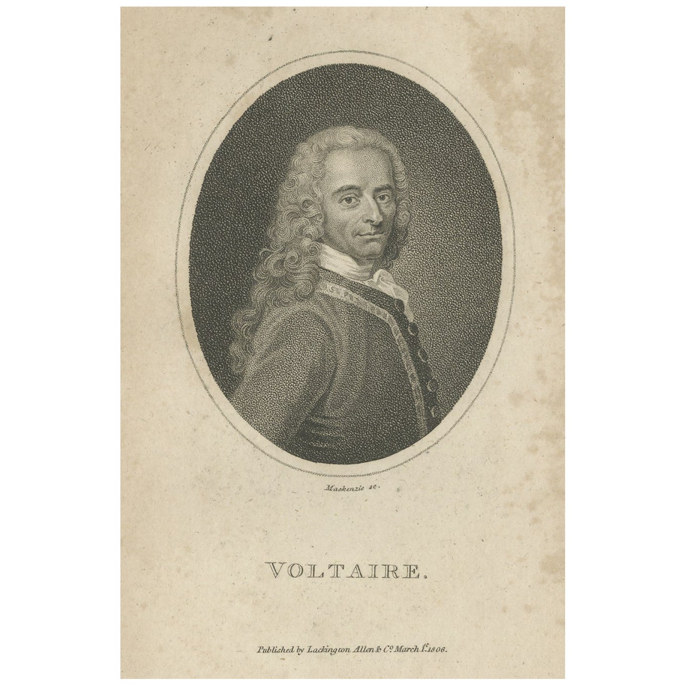 Portrait ancien d'un écrivain et philosophe de l'illumination française, Voltaire, 1806