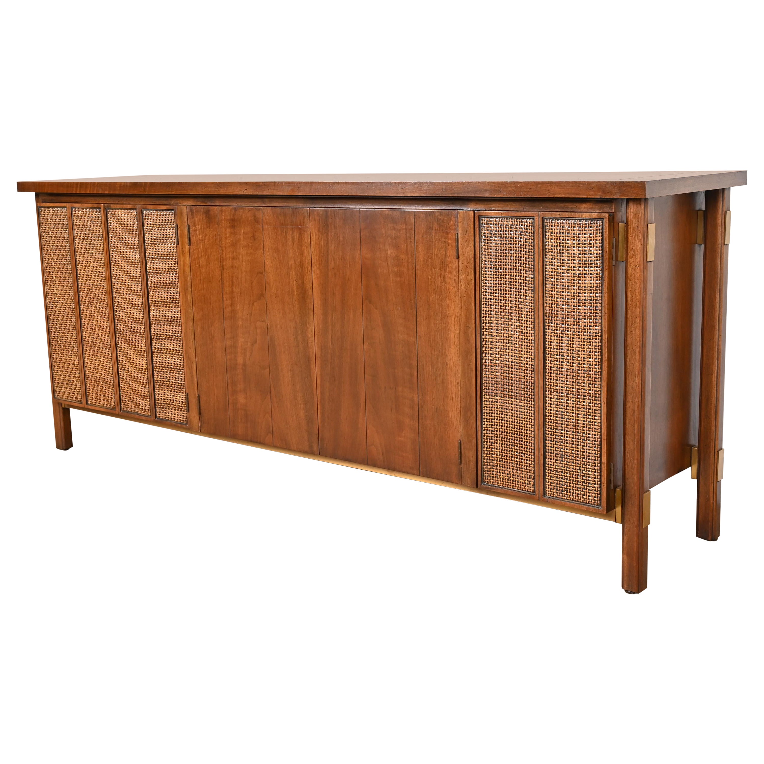 John Stuart Mid-Century Modern Sideboard Credenza in Walnut, Cane, and Brass