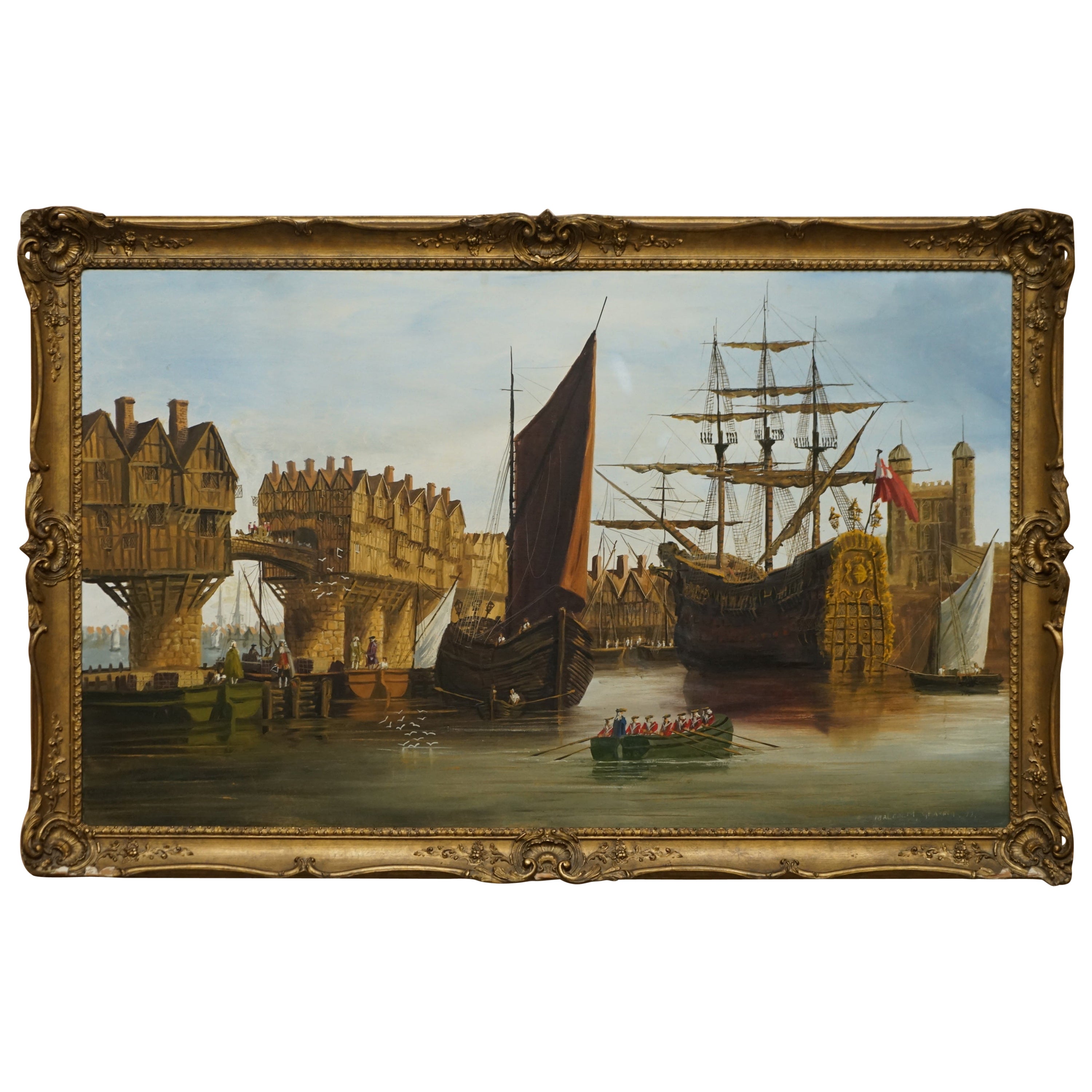 Très grande huile décorative sur toile d'une scène navale victorienne sur la Tamise