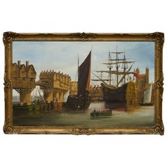 Very Large Decorative Oil on Canvas of a Victorian Naval Scene on the Thames