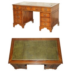 Scrivania vintage BURR WALNUT TWiN PEDESTAL PARTNER CON TOP IN PELLE VERDE REGENCY