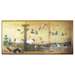 Used Edo Japanese Screen - Interior Design - Decorative Landscape  -Japan Antiques.
