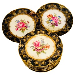 Ambrosius Lamm Dresden Cobalt Rim Dinner Plates with Different Flower Bouquets