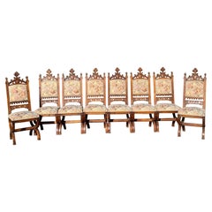 Set of 8 Neo-Gothic Walnut Chairs 19th Century