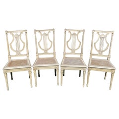 Set of 4 Laquered Adn Caning Chairs Style Louis XVI, 19th Century