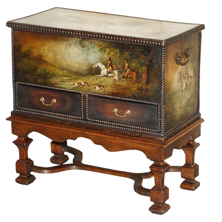 Important Antique Museum Quality Equestrian Leather Clad Painted Chest on Stand For Sale