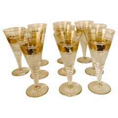 Set of Ten Val St. Lambert Belgium Cut Crystal Goblets With Gilded Grape Vines