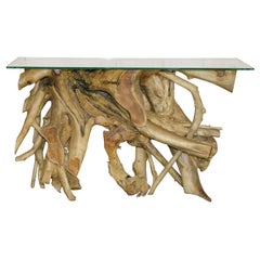 Drift Wood Console Table in Limed Teak with Thick Glass Top Very Decorative