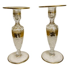 Pair of Tall Cut Val St Lambert Candlesticks with Gilt Decoration of Grapevines