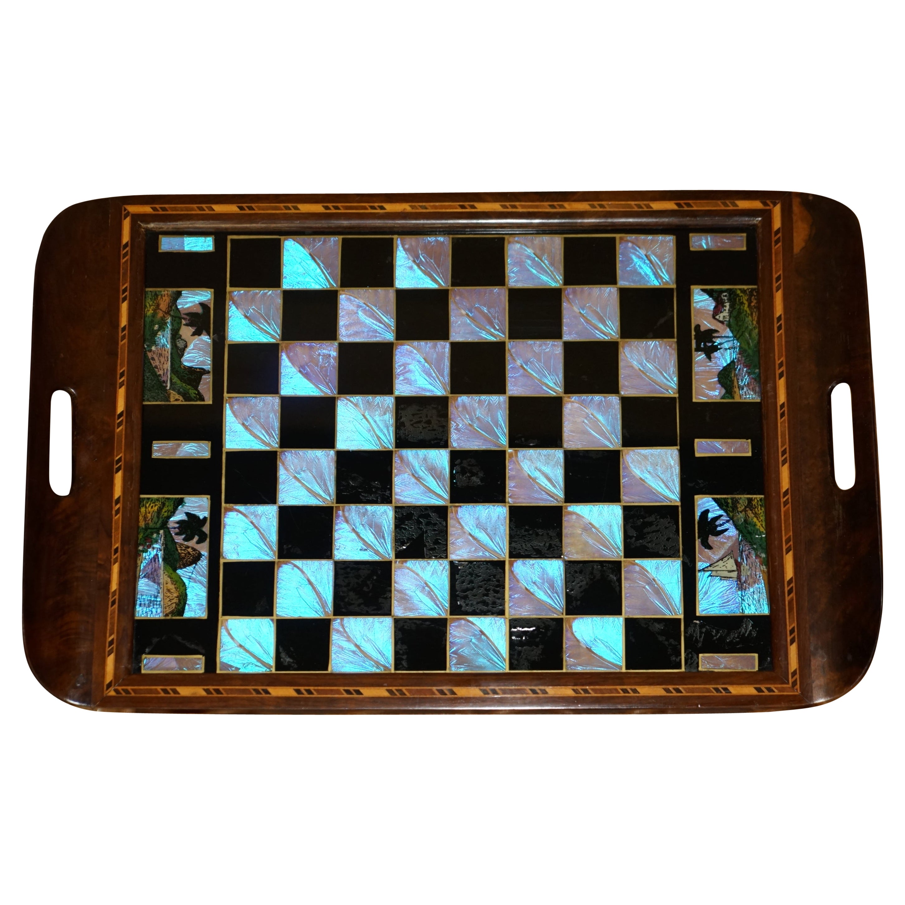 Fine Antique Brazillian Hardwood with Mother of Pearl Inlay Chess Board Tray
