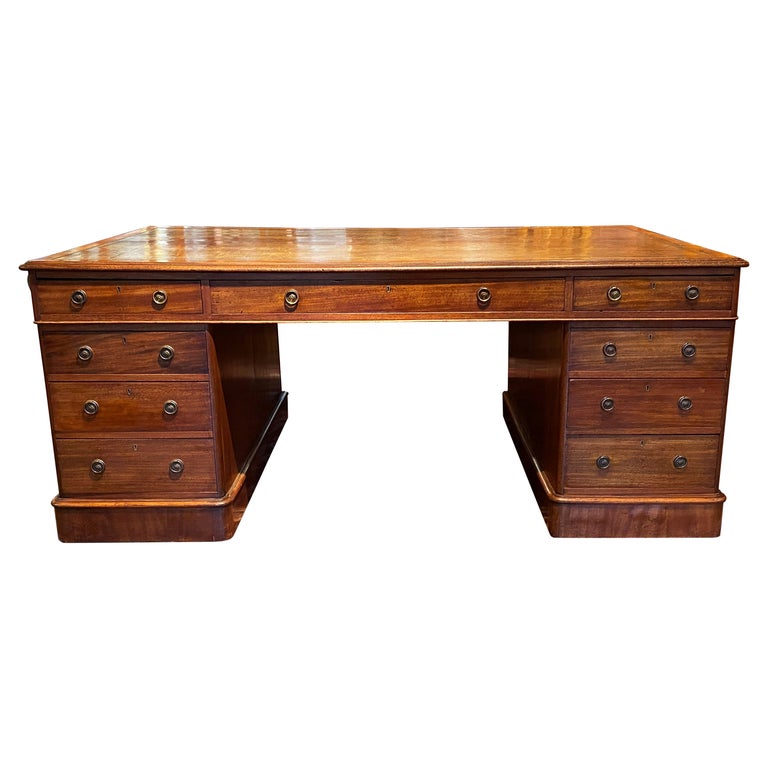 Late Mahogany Partners Desk with Inset Tooled Leather Top at
