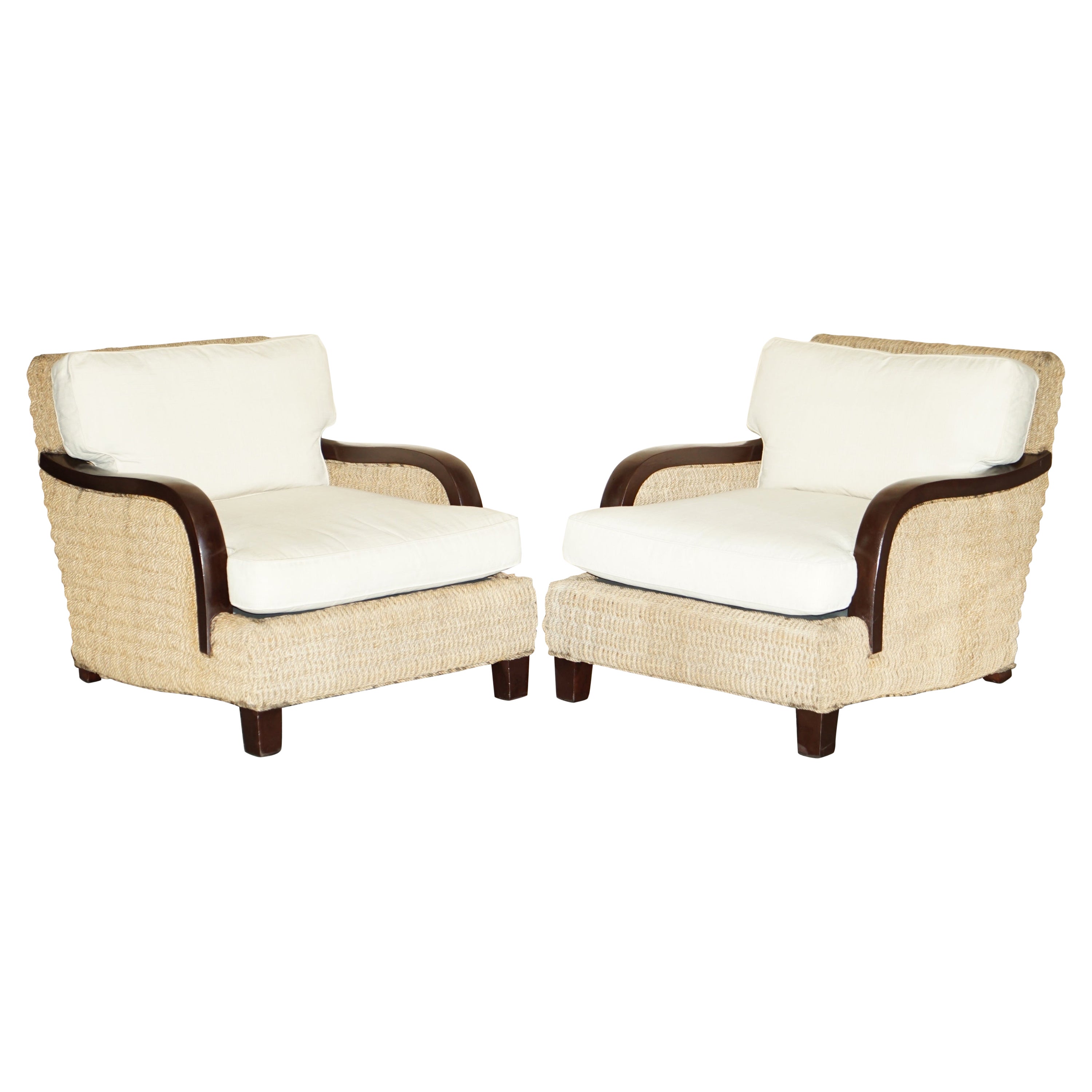 Pair of Ralph Lauren Barrymore Wicker Rope Armchairs Feather Cushions For Sale
