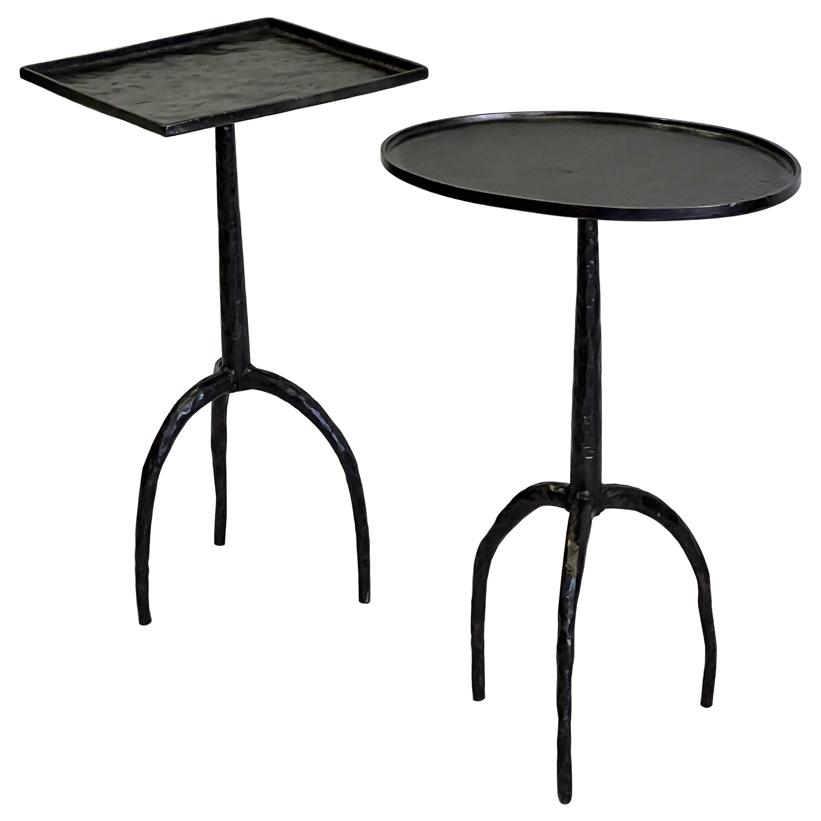 Pair of French Hammered Wrought Iron Side Tables in style of Diego Giacometti