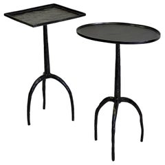 Retro Pair of French Hammered Wrought Iron Side Tables in style of Diego Giacometti