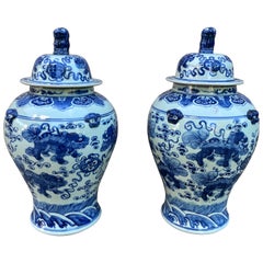 Vintage Large Pair of Chinese Blue and White Jars with Lids