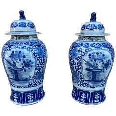 Vintage Pair of Chinese Blue and White Jars with Lids