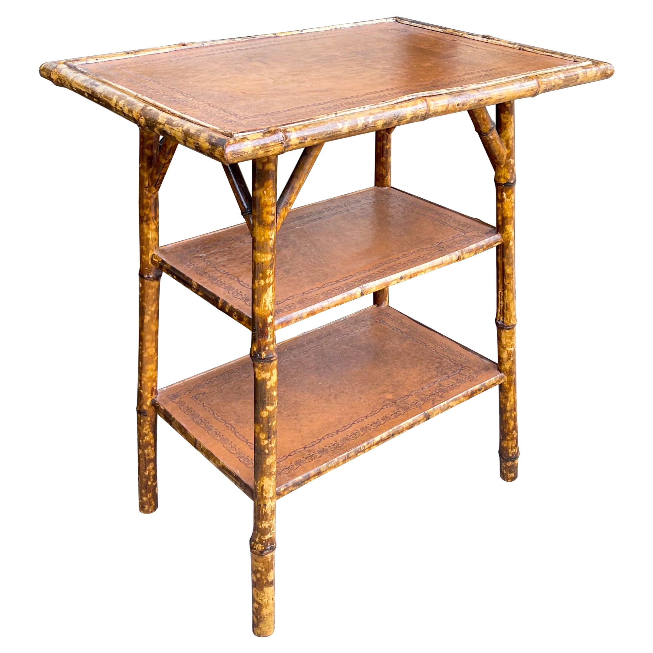 19th-C. English Burnt Bamboo and Tooled Leather Three Tiered Side Table