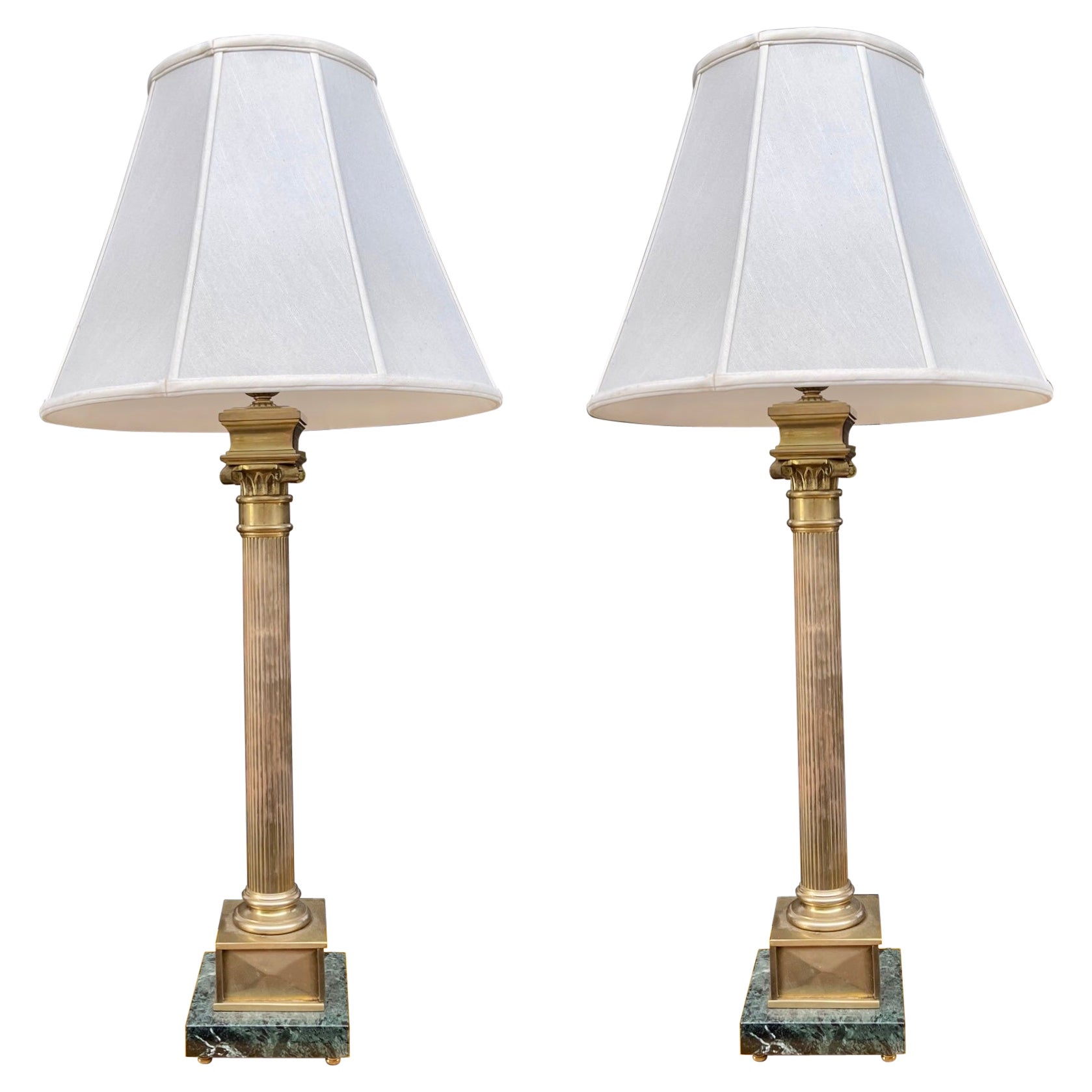 Chapman Neo-Classical Style Brass and Marble Doric Column Table Lamps, Pair 