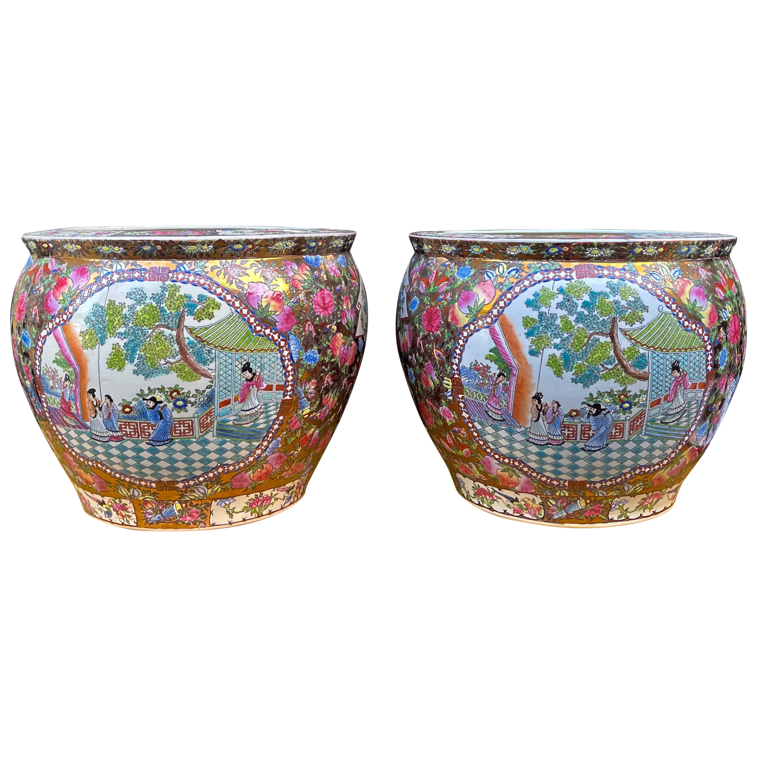 Large Chinese Export Style Famille Rose Planters / Jardinieres, Pair