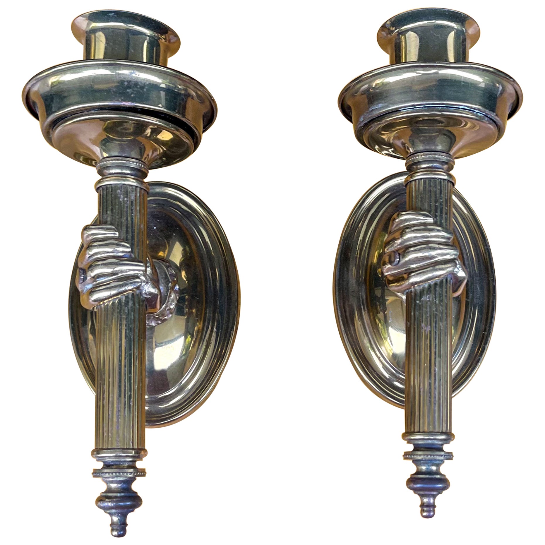 Mid-Century Neo-Classical Style Brass Hand Holding Torch Sconces, Pair